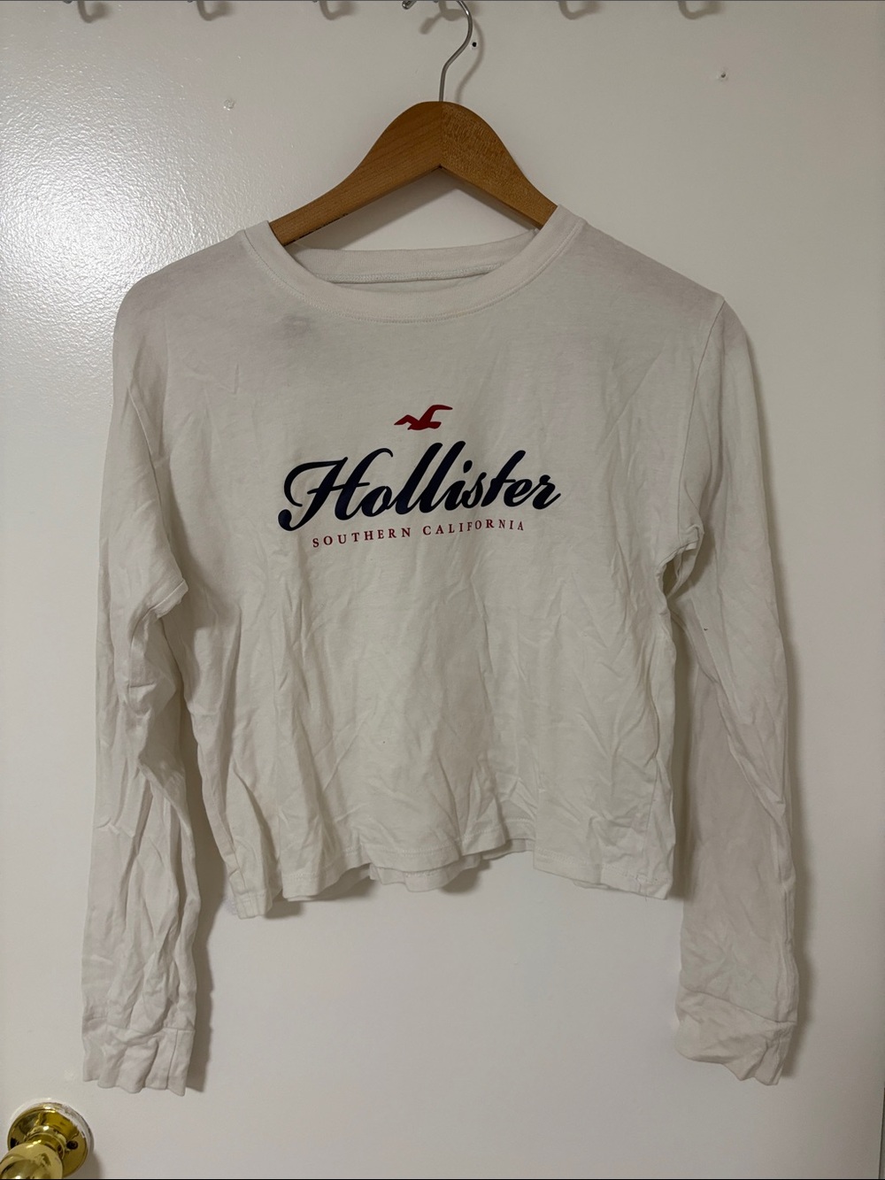 Hollister White Long-Sleeve Logo Tee with Navy & Red Accents